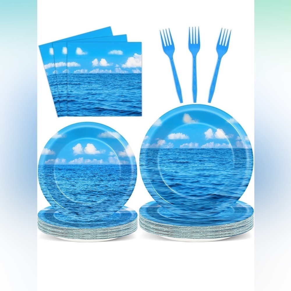 Ocean Blue Party Supplies Set serves 24 guests 96 pieces total